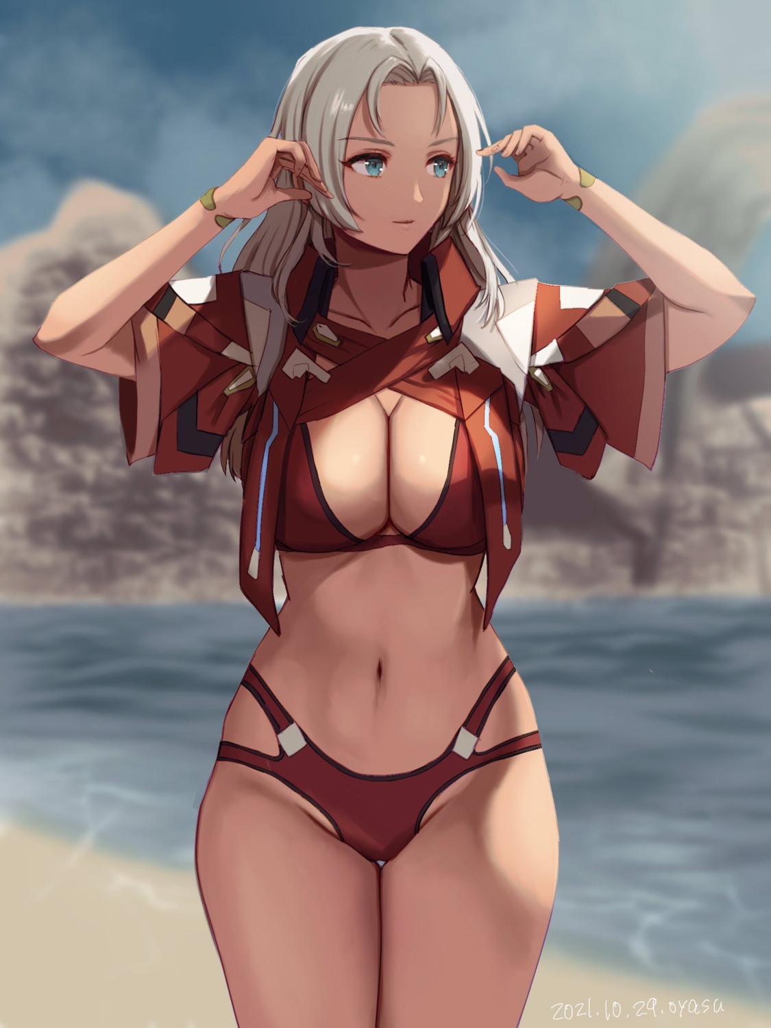 bikini elma_(xenoblade_x) open_shirt oyasu_(kinakoyamamori) swimsuits xenoblade_(series) xenoblade_x