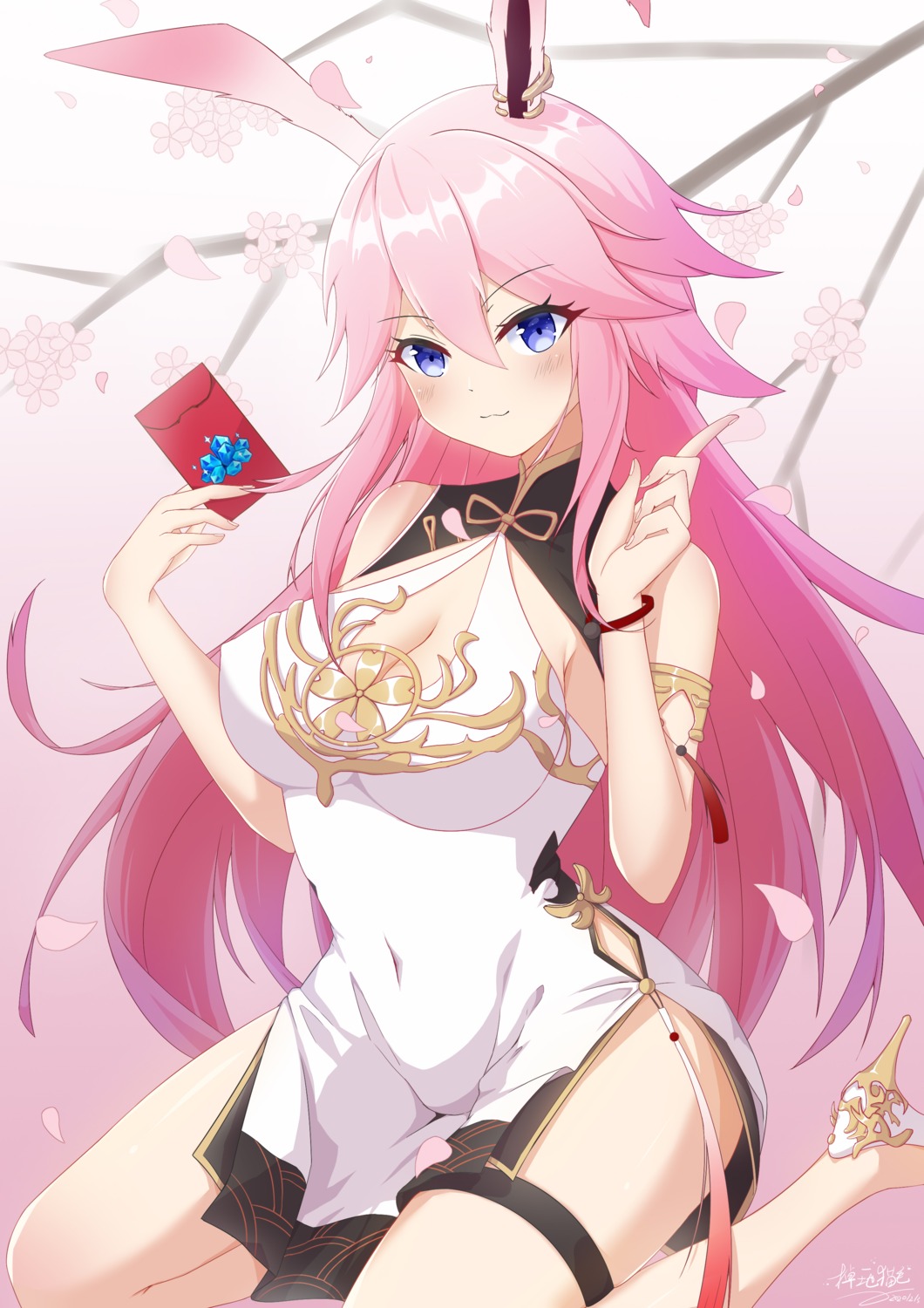 animal_ears benghuai_xueyuan bunny_ears chinadress cleavage diaoyidimaomao garter heels honkai_impact yae_sakura_(benghuai_xueyuan)