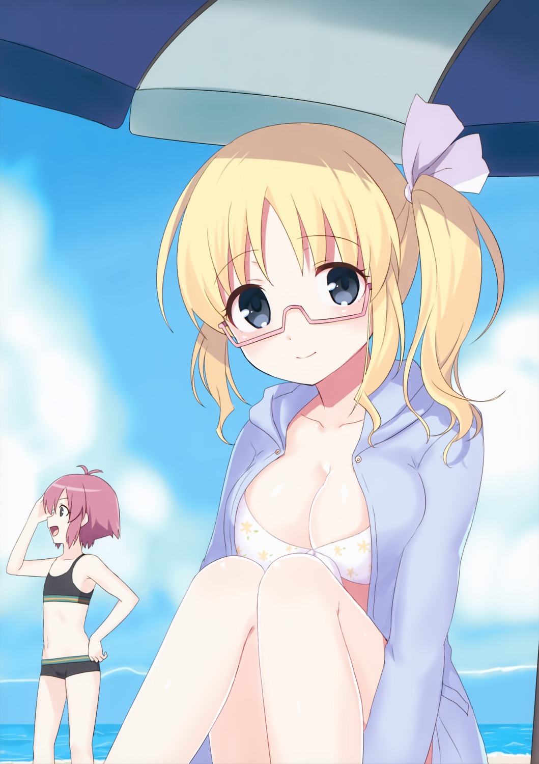 bikini cleavage kanbara_satomi megane open_shirt saki senoo_kaori swimsuits