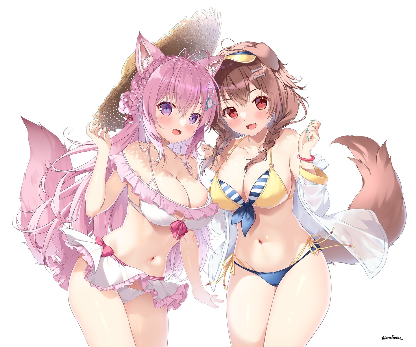 animal_ears bikini hakui_koyori hololive hololive_gamers inugami_korone inumimi mikeou open_shirt see_through skirt_lift swimsuits tail