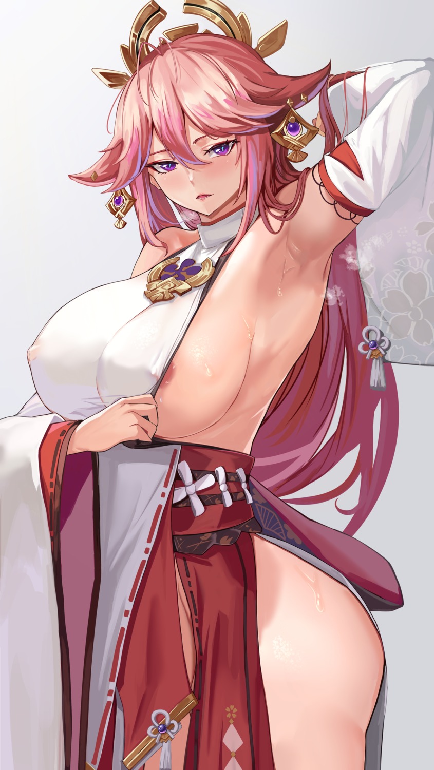 animal_ears areola erect_nipples genshin_impact japanese_clothes kitsune loooyd miko no_bra see_through wet yae_miko