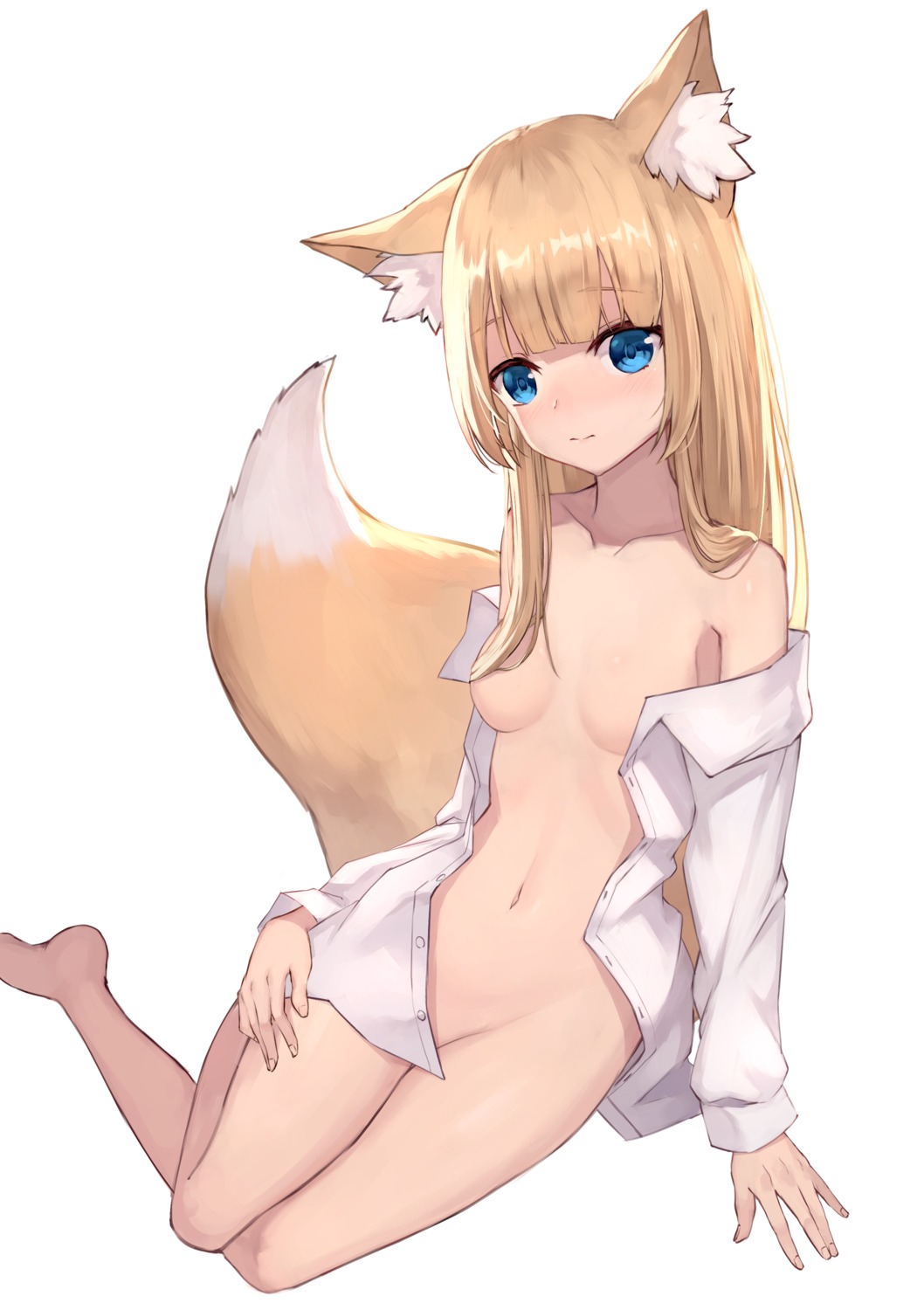 animal_ears bottomless breasts dress_shirt kitsune masaki_(msk064) no_bra open_shirt tail