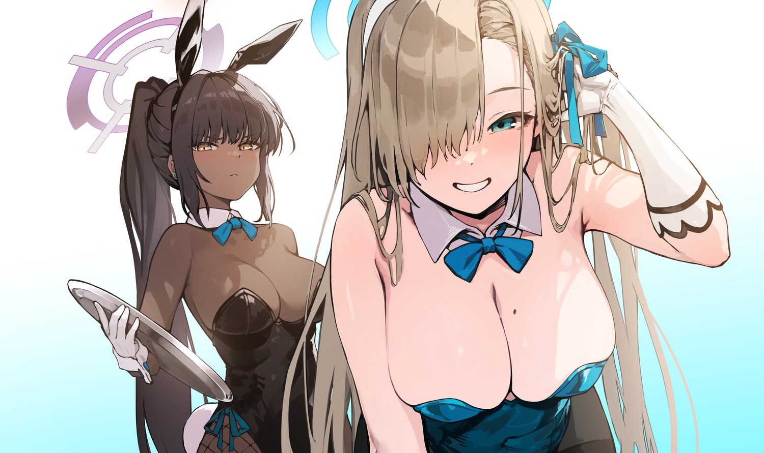 animal_ears blue_archive bunny_ears bunny_girl fishnets halo ichinose_asuna kakudate_karin no_bra pantyhose peachpa tail