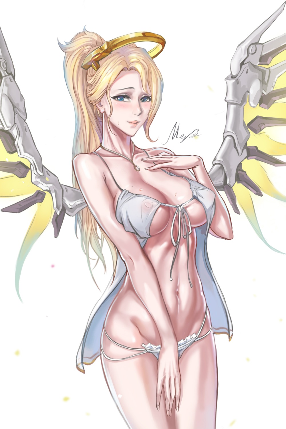 bikini erect_nipples mercy_(overwatch) open_shirt overwatch see_through swimsuits tsuki_no_i-min wings