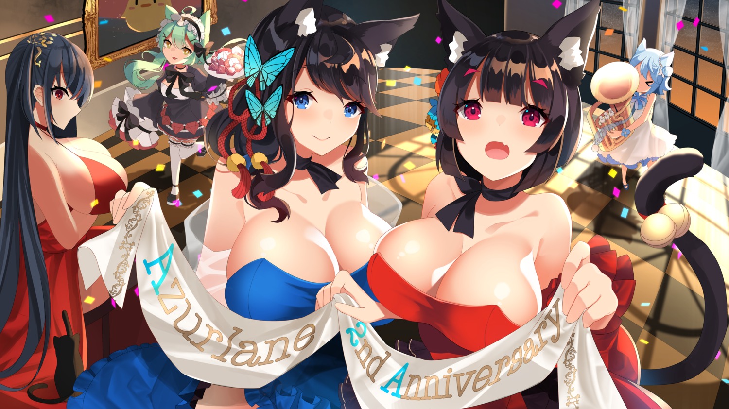 akashi_(azur_lane) animal_ears azur_lane breast_hold dress fubuki_(azur_lane) fusou_(azur_lane) no_bra sanba_tsui taihou_(azur_lane) thighhighs yamashiro_(azur_lane)