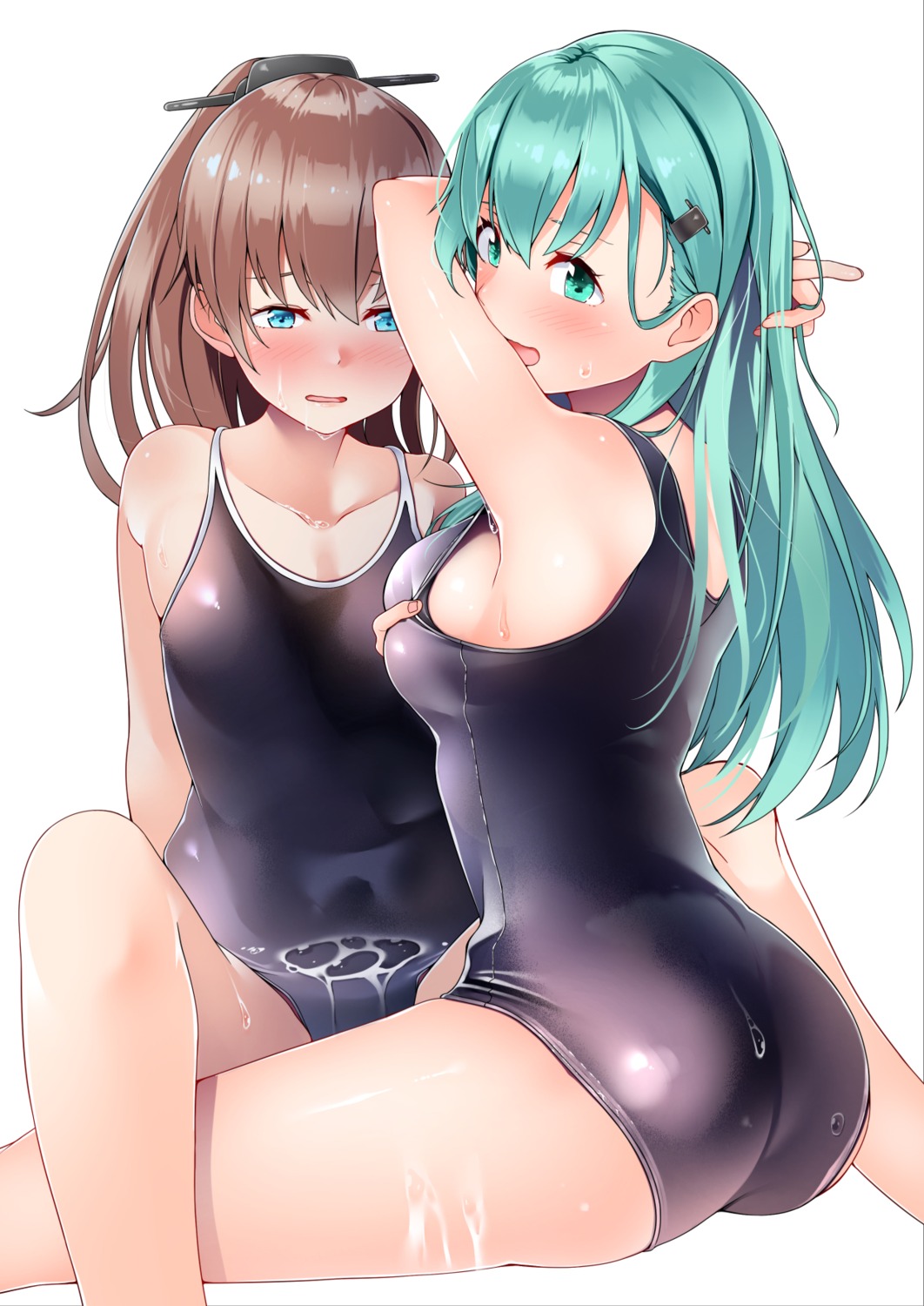 ass breast_hold byte_(allbyte) kantai_collection kumano_(kancolle) school_swimsuit suzuya_(kancolle) swimsuits