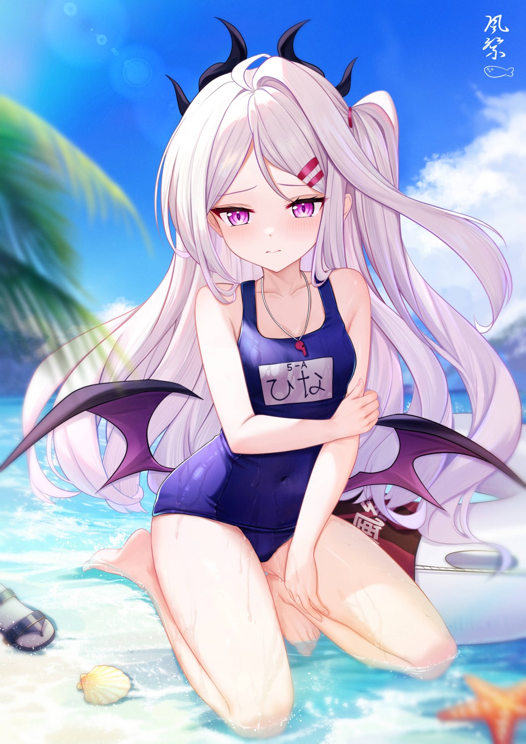 blue_archive devil horns kazamatsuri_honatsu loli school_swimsuit sorasaki_hina swimsuits wet wings