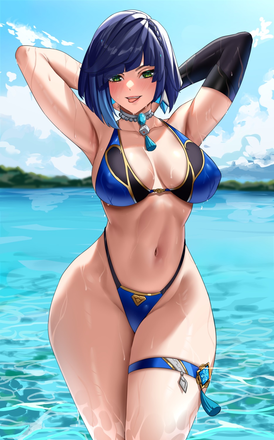 enmanuelart20 garter genshin_impact swimsuits wet yelan