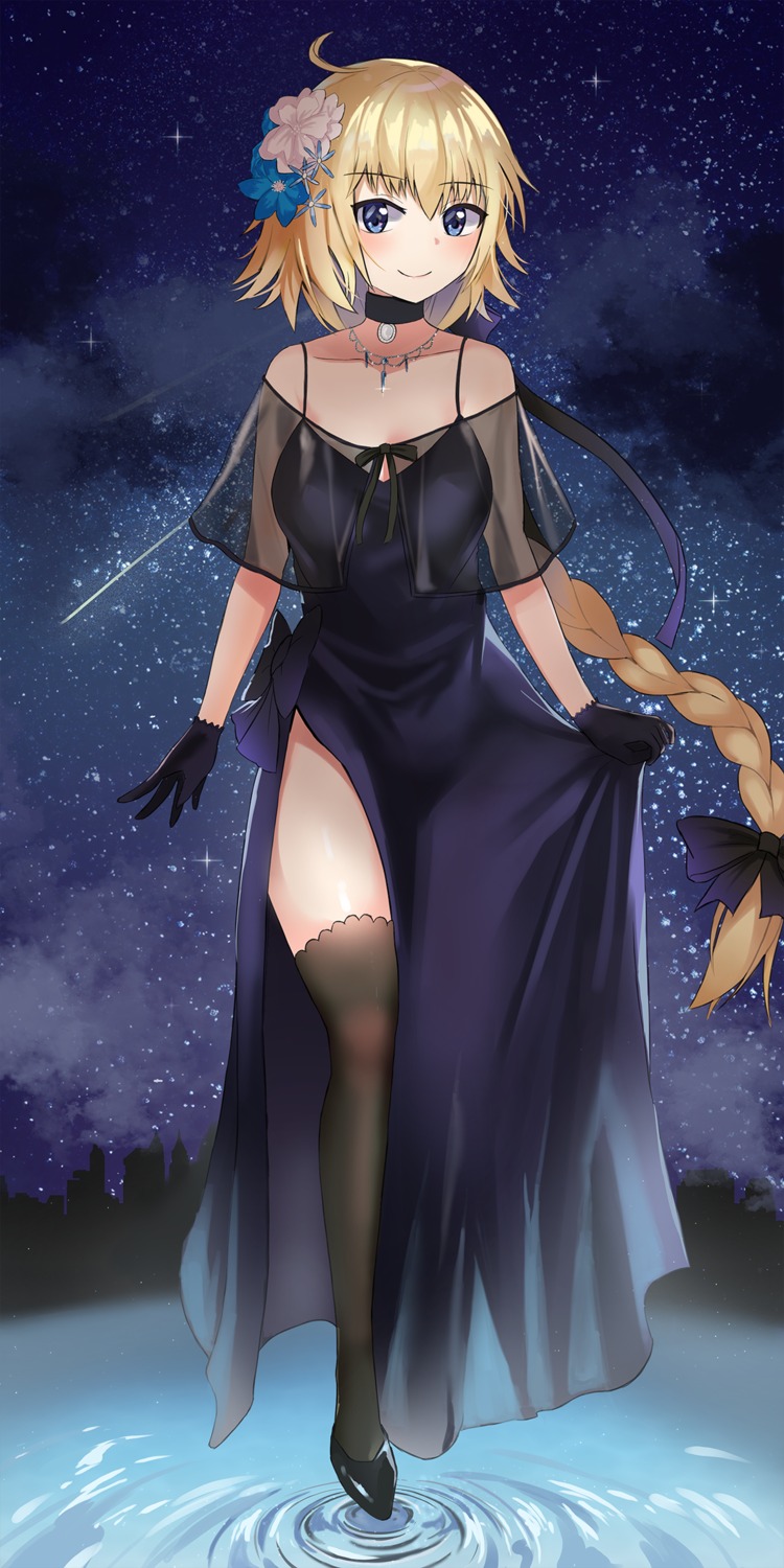 boo_iro cleavage dress fate/grand_order jeanne_d'arc jeanne_d'arc_(fate) see_through skirt_lift thighhighs