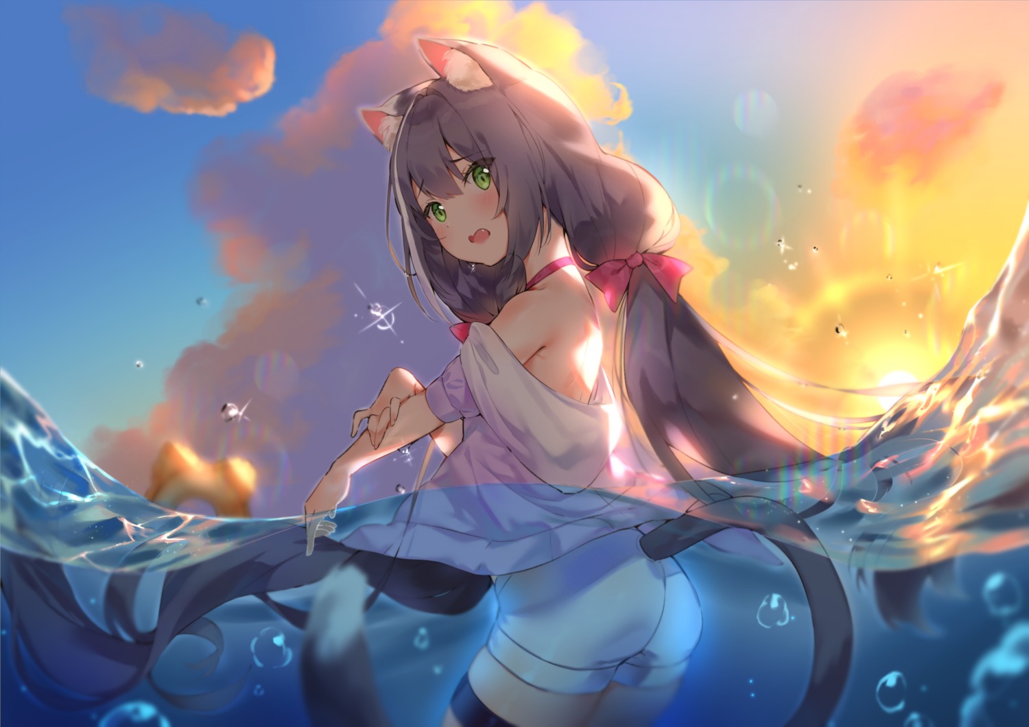 animal_ears ass cheli_(kso1564) garter karyl_(princess_connect) nekomimi no_bra open_shirt princess_connect princess_connect!_re:dive tail wet