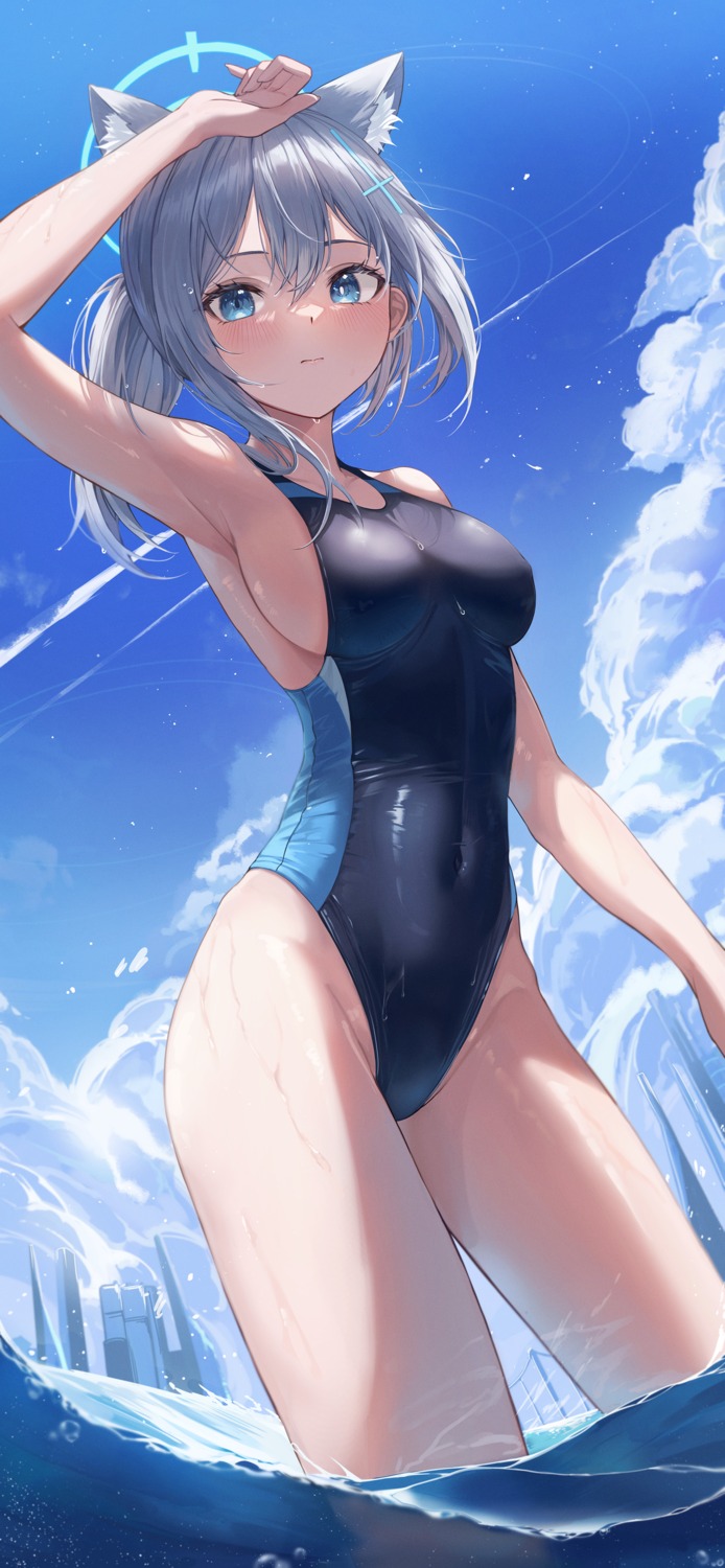 2gong_(9ujin_) animal_ears blue_archive halo nekomimi sunaookami_shiroko swimsuits wet