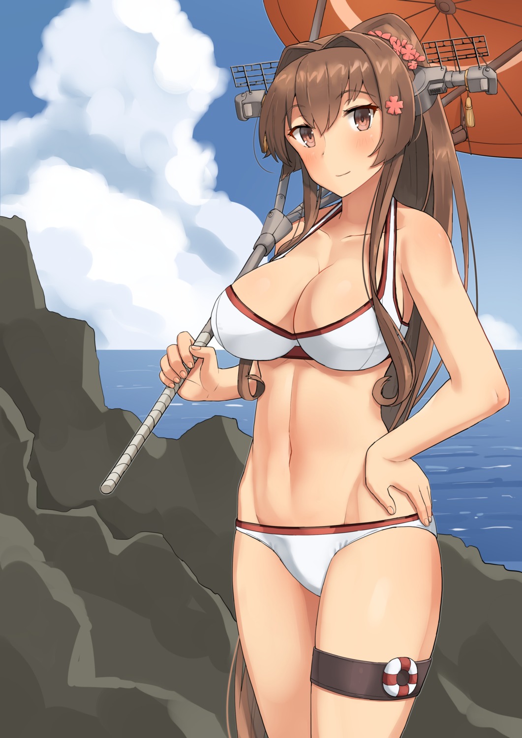 bikini cleavage garter kantai_collection soil_chopsticks swimsuits umbrella yamato_(kancolle)