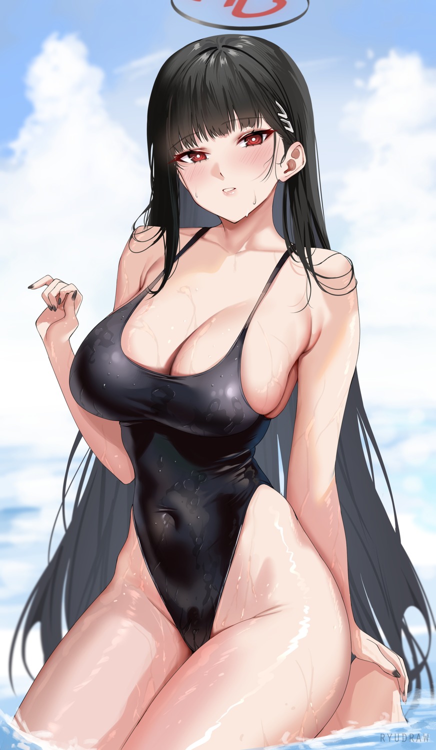 blue_archive halo ryudraw swimsuits tsukatsuki_rio wet