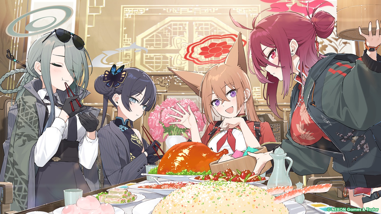 akeshiro_rumi animal_ears asian_clothes blue_archive chinadress garter halo hayashi_kewi kayama_reijo konoe_mina megane ryuuge_kisaki uniform wallpaper