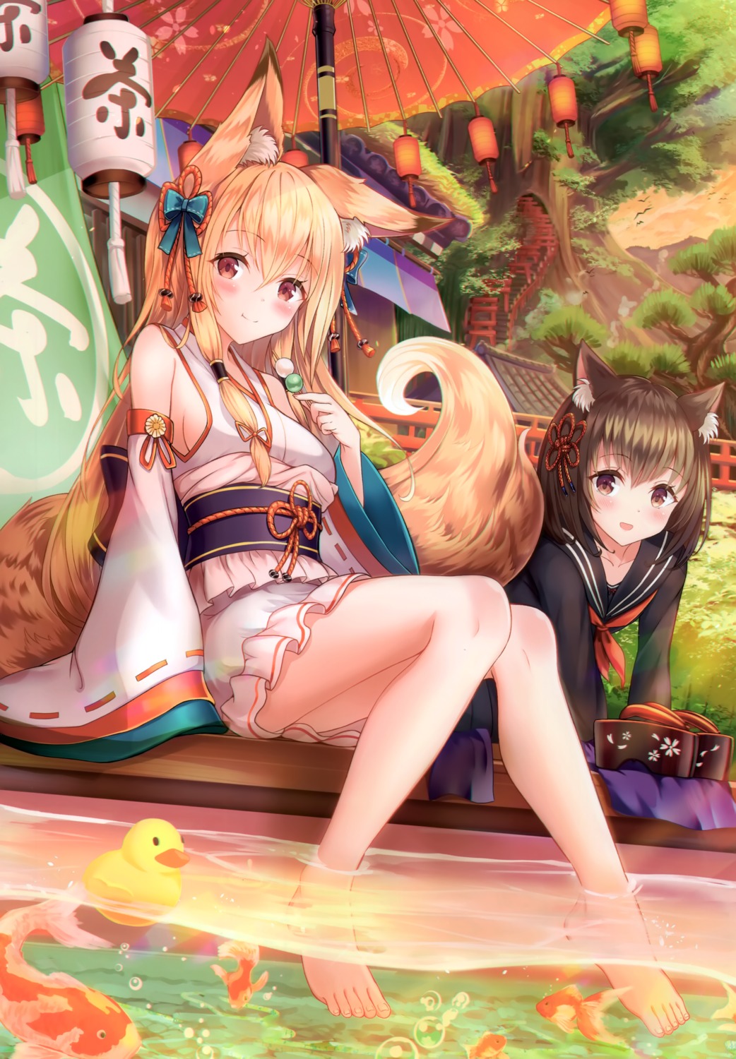 animal_ears feet japanese_clothes kitsune miko nekomimi no_bra sakura_ani seifuku skirt_lift tail wet