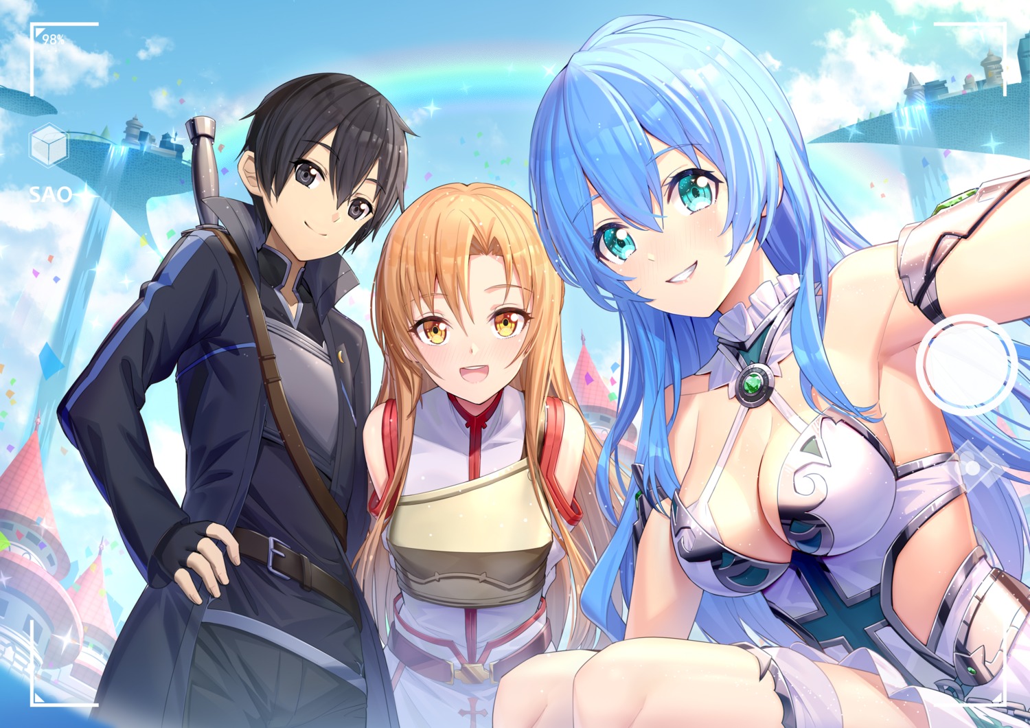 armor asuna_(sword_art_online) cleavage kirito no_bra ririko_(zhuoyandesailaer) sword_art_online thighhighs