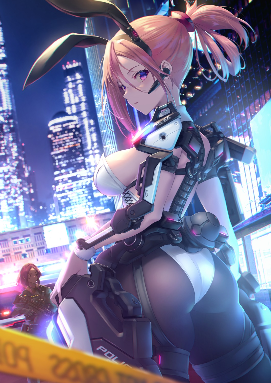 animal_ears armor ass bunny_ears bunny_girl fukai_ryosuke garter gun mecha_musume no_bra pantyhose