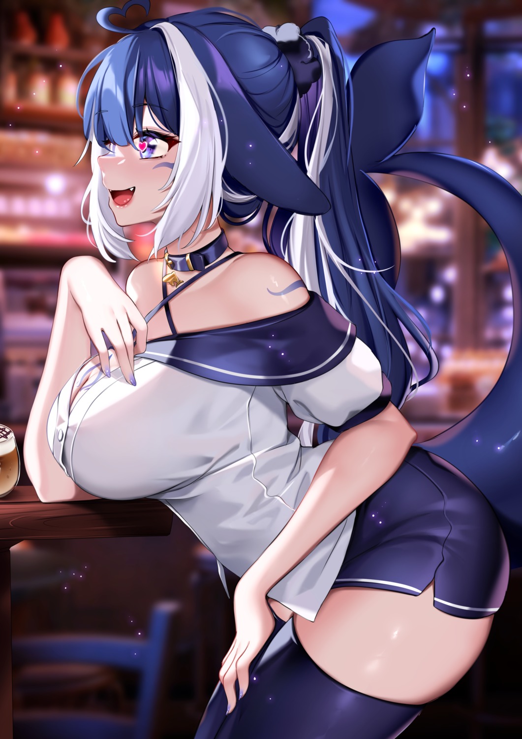 animal_ears cleavage indie_virtual_youtuber shylily squchan tail tattoo thighhighs
