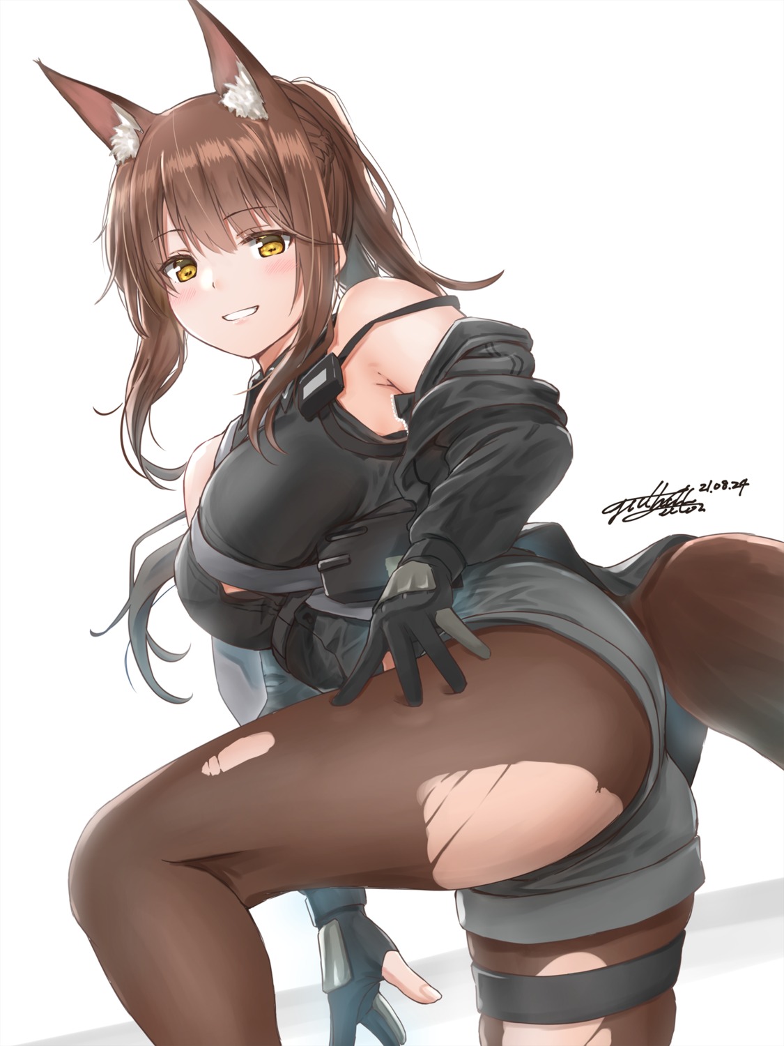 animal_ears arknights franka_(arknights) garter pantyhose tail torn_clothes yukinoshiro