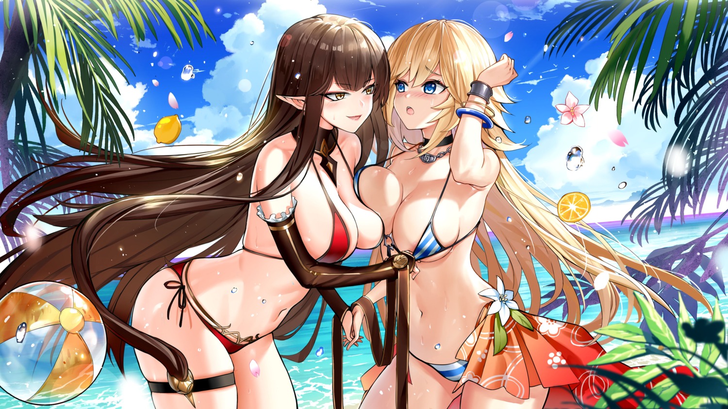 areola bikini breast_hold fate/grand_order garter jeanne_d'arc jeanne_d'arc_(fate) pointy_ears semiramis_(fate) swimsuits tameiki undressing wallpaper wet yuri