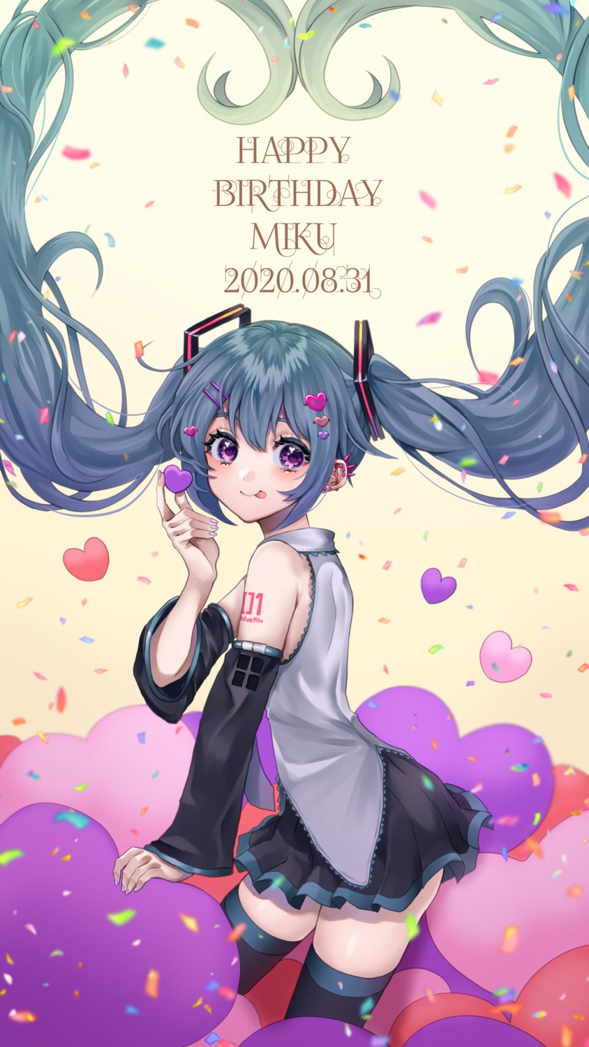 hatsune_miku katou_kuroko skirt_lift tattoo thighhighs vocaloid