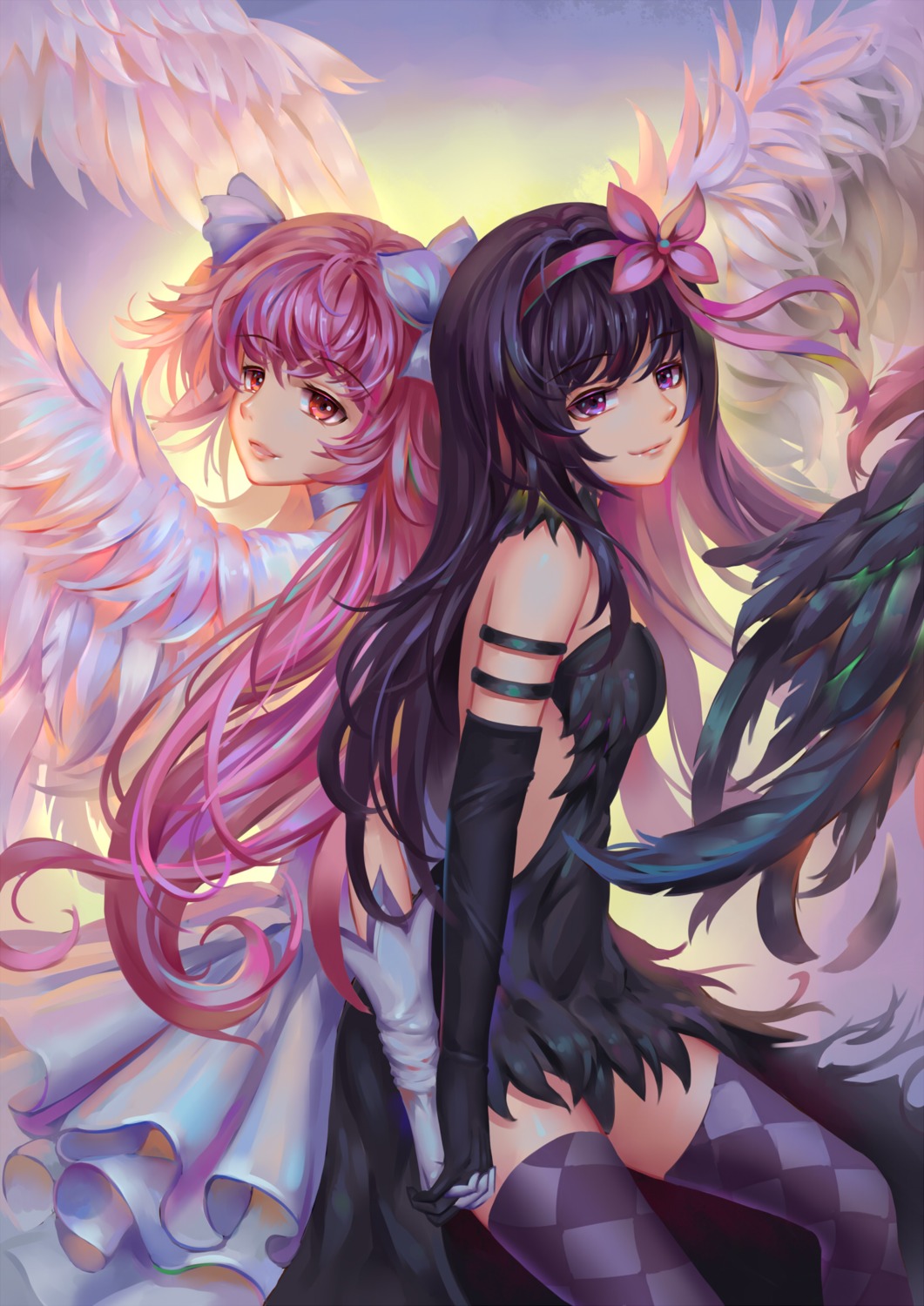 aaeru akemi_homura dress kaname_madoka mahou_shoujo_madoka_magica no_bra thighhighs ultimate_madoka wings