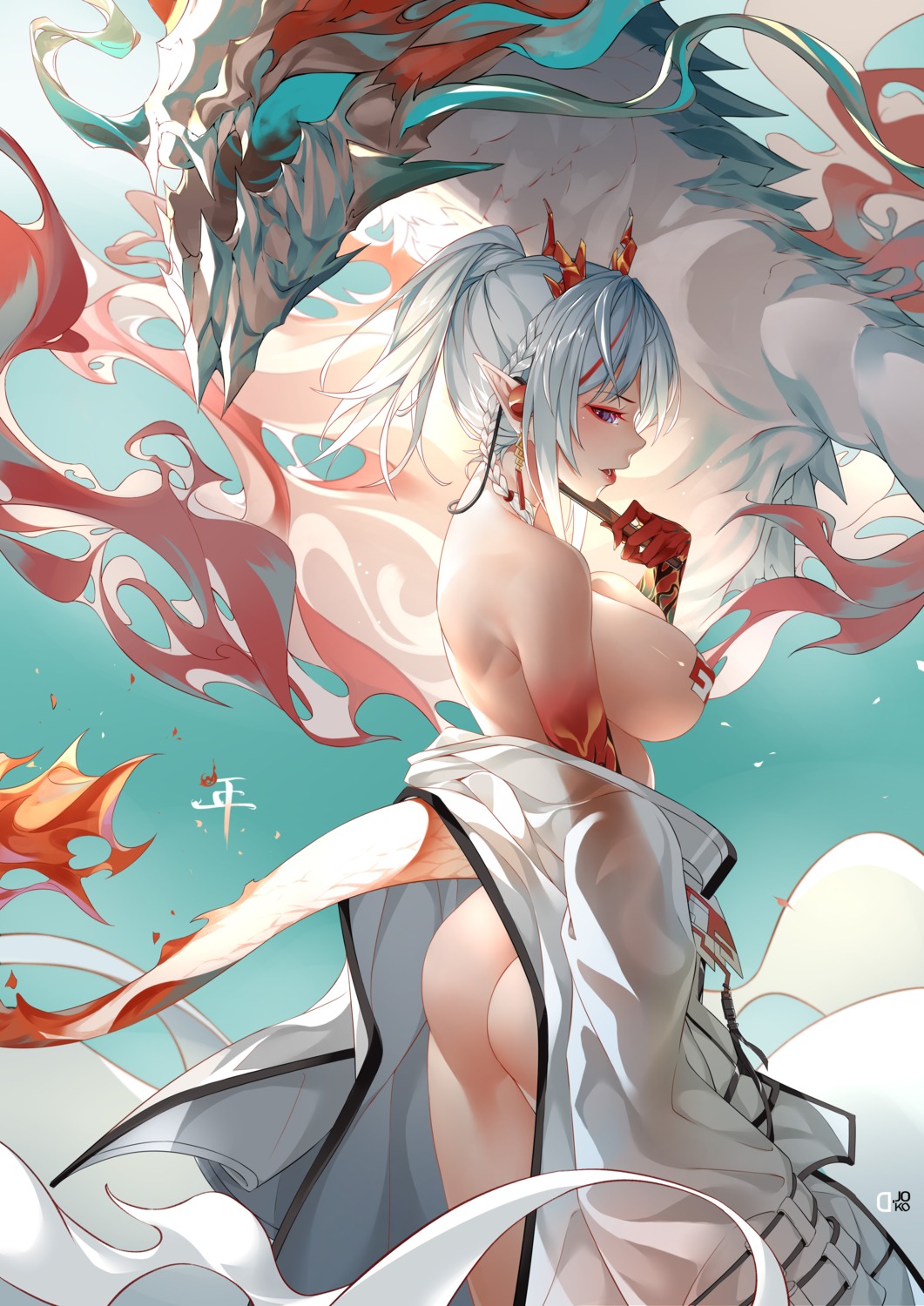 arknights ass d._joko horns monster naked_cape nian_(arknights) pasties pointy_ears see_through tail