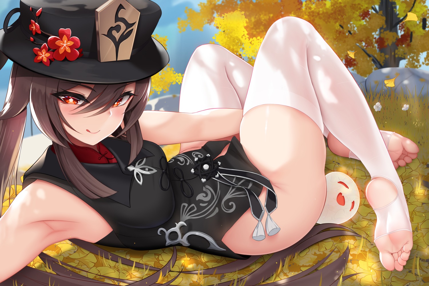 asian_clothes bottomless damao_yu feet genshin_impact hu_tao thighhighs