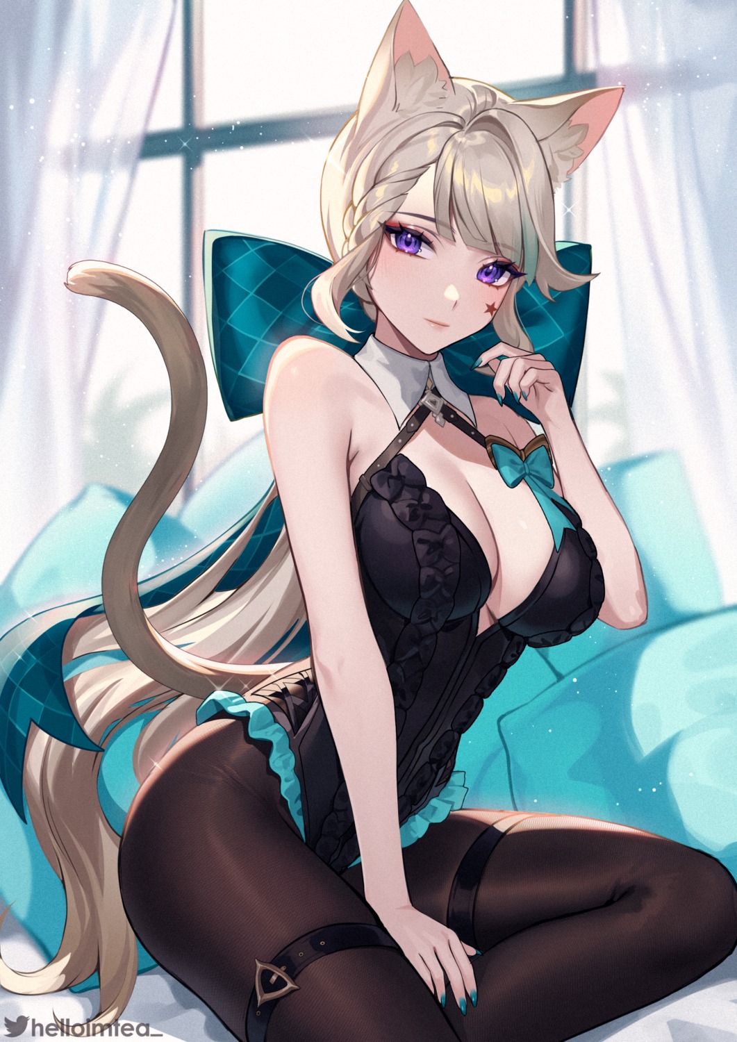 animal_ears garter genshin_impact helloimtea leotard lynette_(genshin_impact) nekomimi no_bra pantyhose tail tattoo