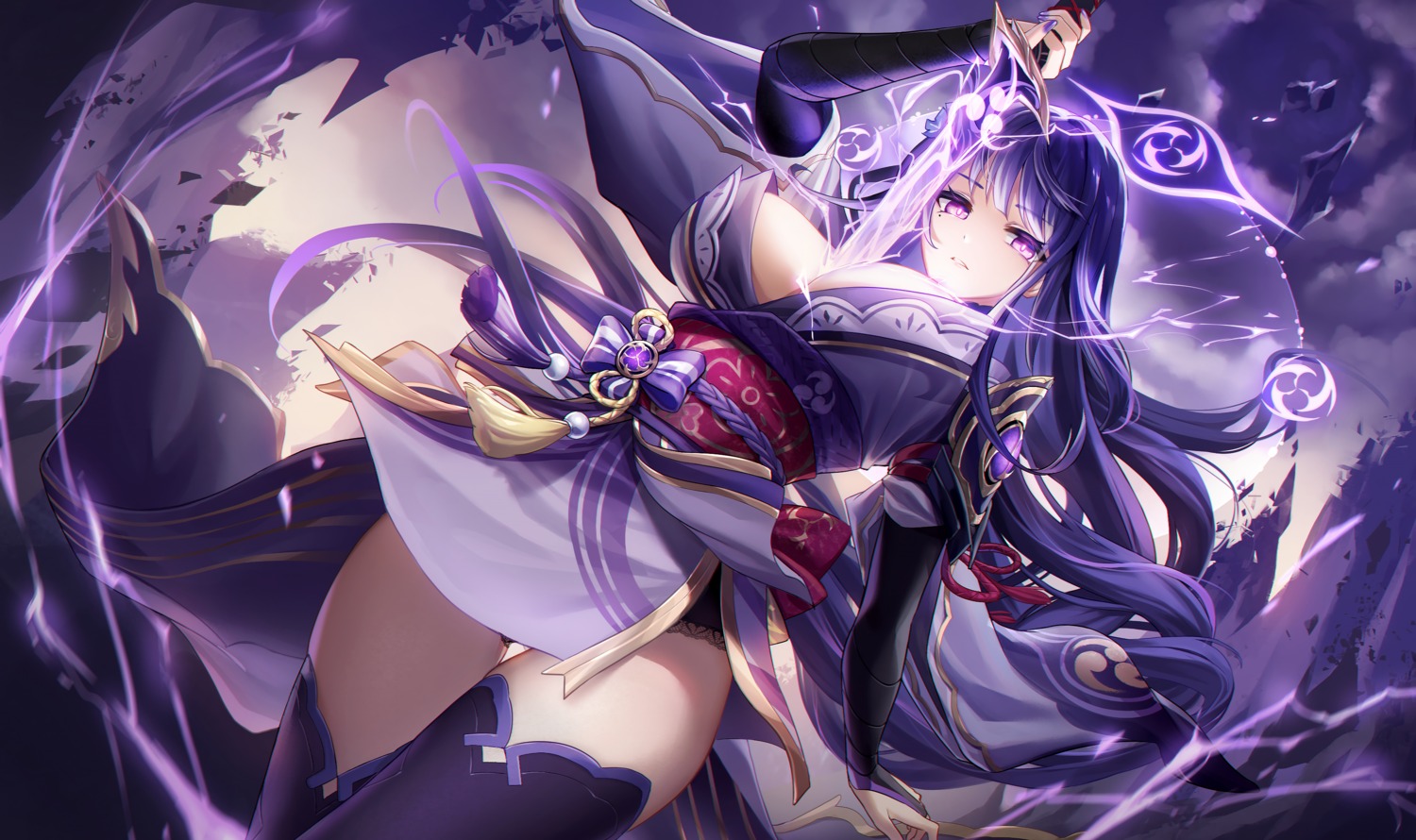 genshin_impact japanese_clothes lalazyt no_bra open_shirt pantsu raiden_shogun skirt_lift sword thighhighs