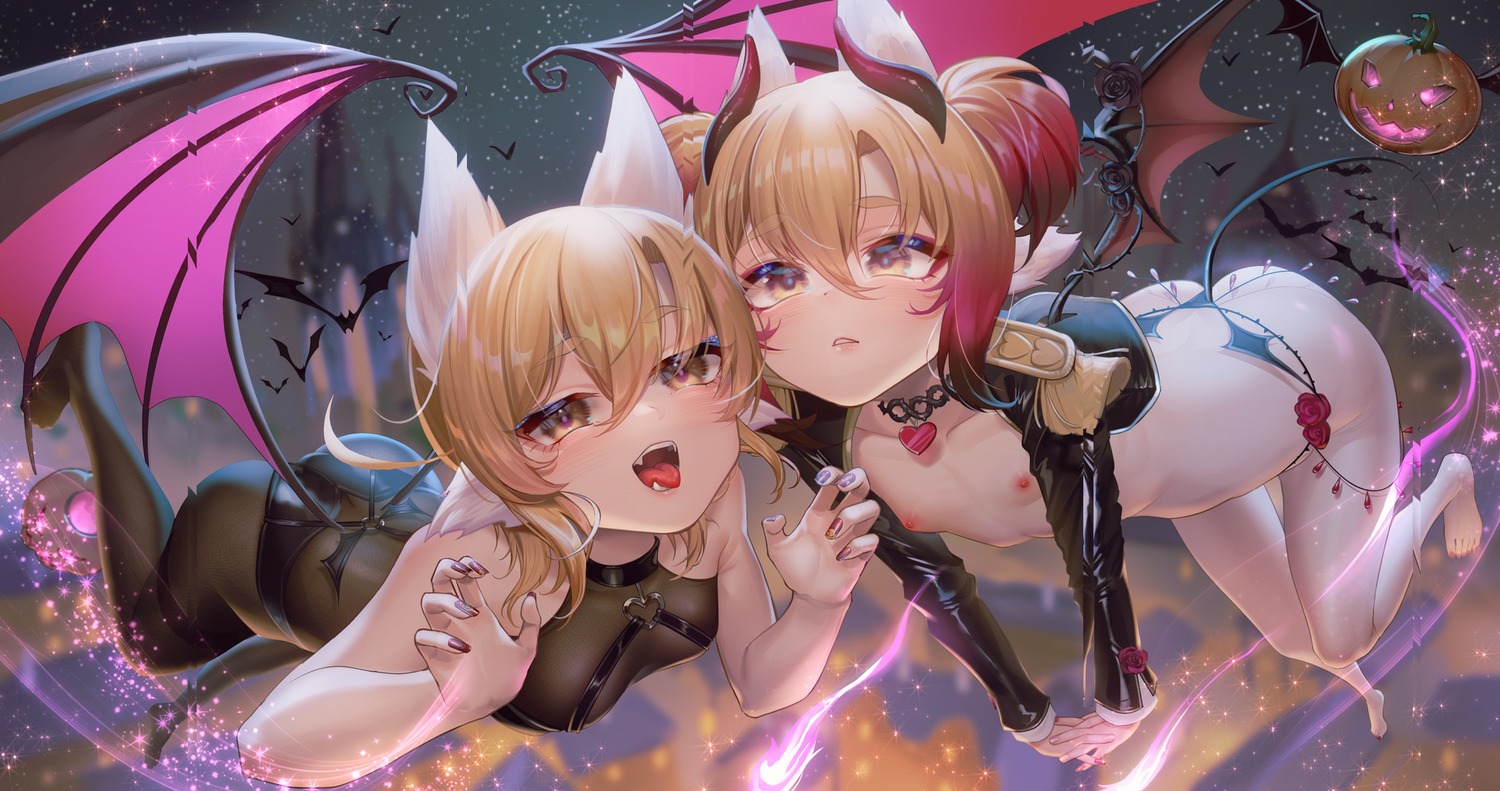 animal_ears bodysuit devil halloween horns moya_(pixiv6121219) nipples no_bra pantsu see_through tail thong wings