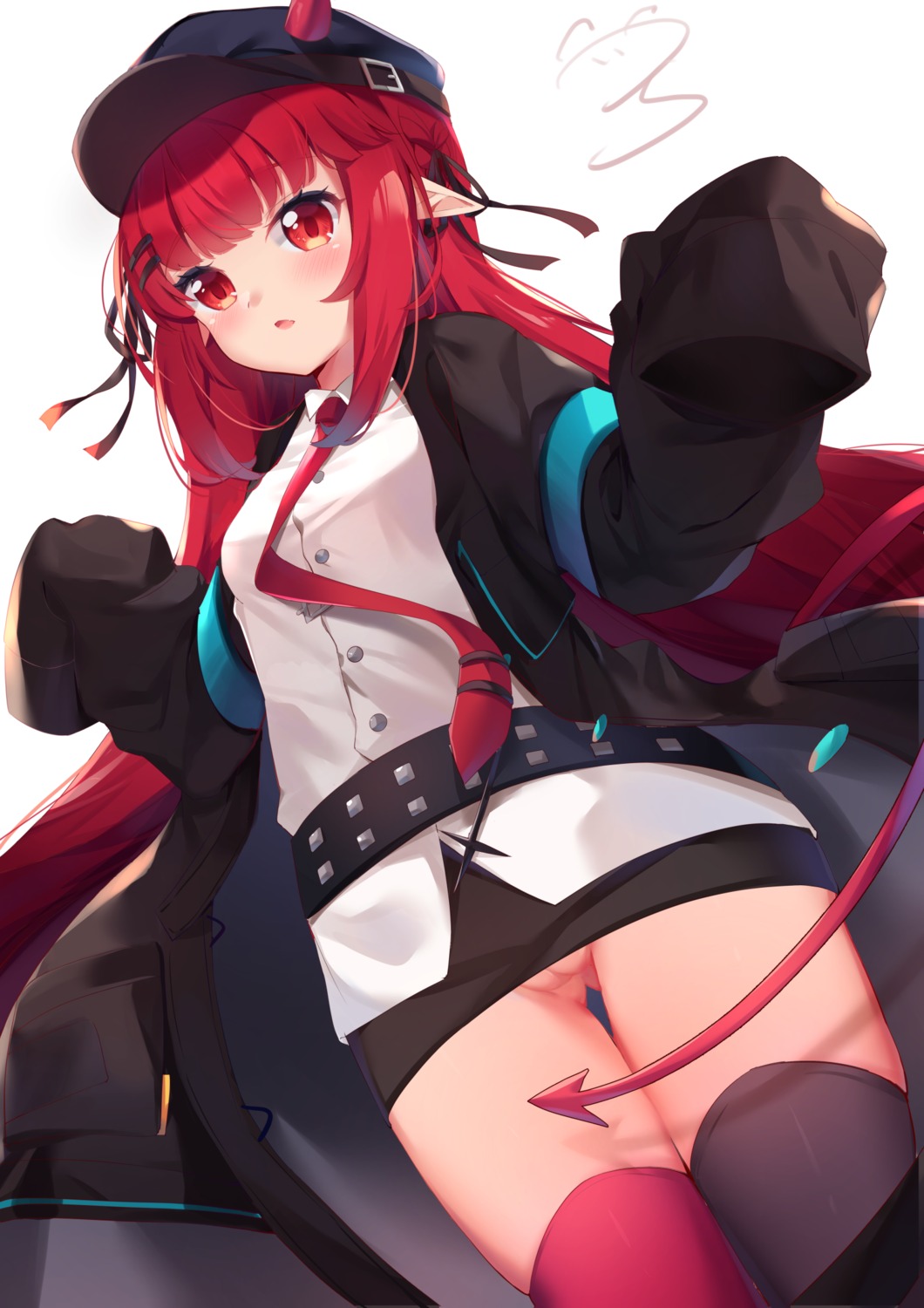 arknights horns nahaki nopan pointy_ears pussy skirt_lift tail thighhighs uncensored vigna_(arknights)