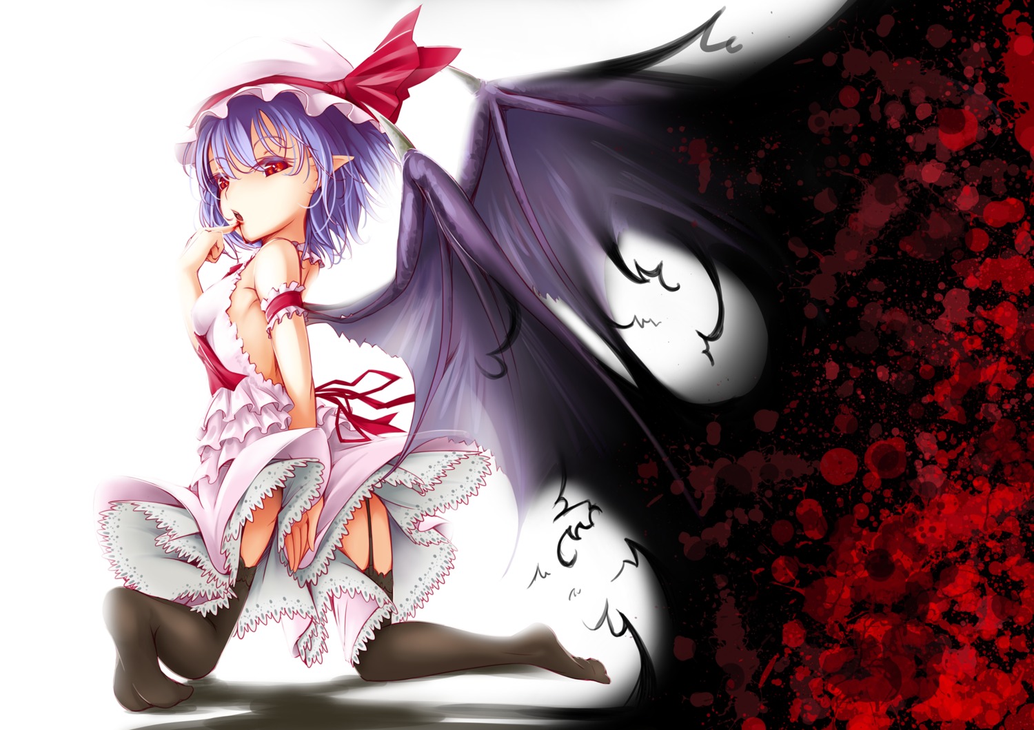 blood dress lolita_fashion onigiri_(artist) remilia_scarlet stockings thighhighs touhou wings