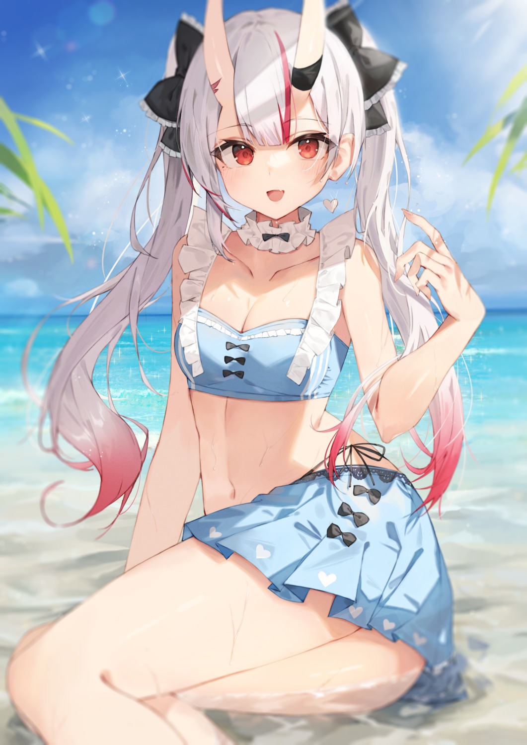 bikini cleavage hololive horns nakiri_ayame swimsuits taht_(that_is_mm) wet