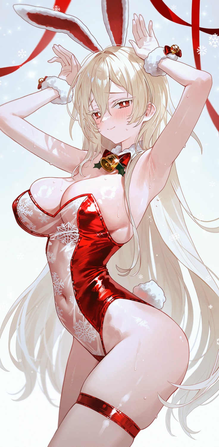 animal_ears bunny_ears bunny_girl christmas fymrie garter no_bra see_through tail wet