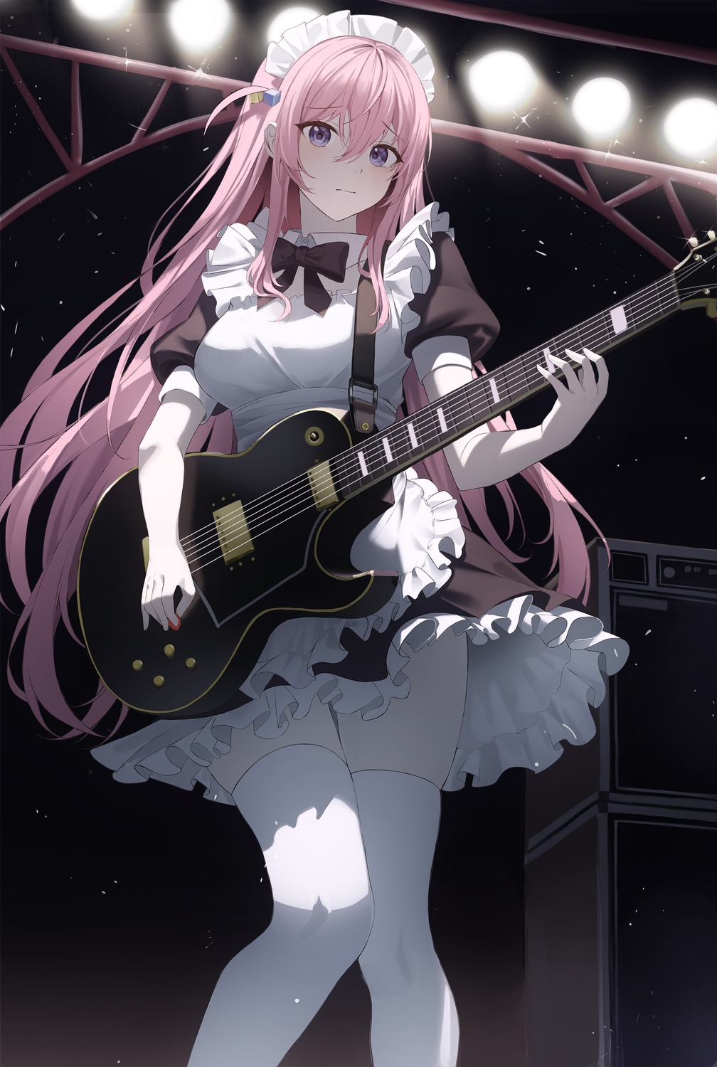 bocchi_the_rock! gotou_hitori guitar maid nacho_(nacho_1103) skirt_lift thighhighs