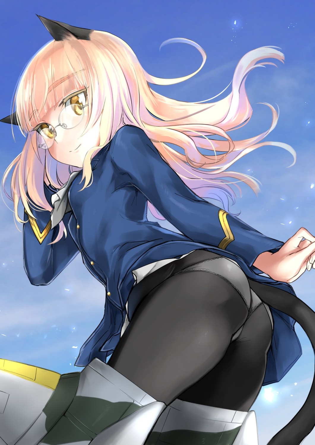 animal_ears aohashi_ame ass megane nekomimi pantsu pantyhose perrine-h_clostermann see_through strike_witches tail thong uniform