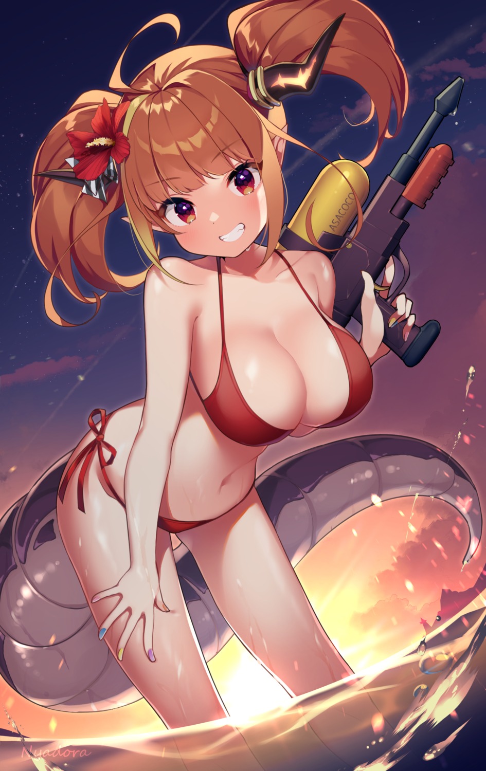 bikini gun hololive horns kiryuu_coco nyasunyadoora pointy_ears swimsuits tail wet