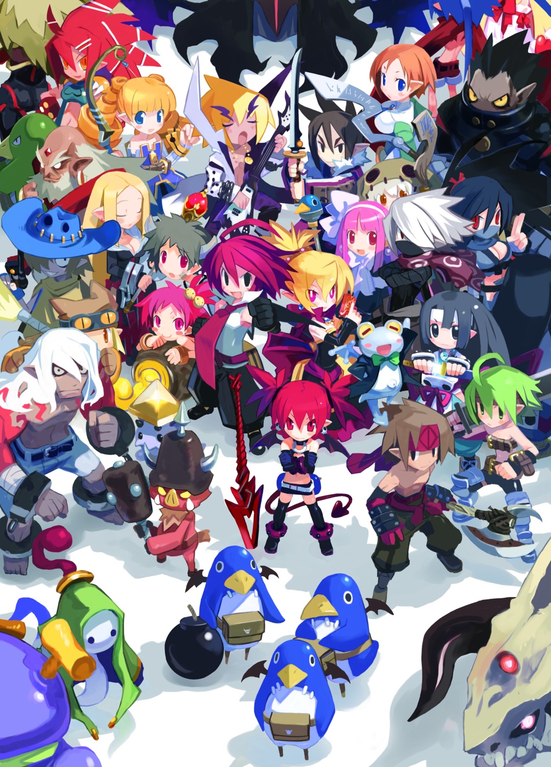 adell armor axel_(disgaea) cleavage disgaea disgaea_2 dress elf etna flonne geo_master guitar hanako harada_takehito horns kunoichi_(disgaea) laharl magician monster ninja penguin pointy_ears prinny rozalin sword tail taro_(disgaea) tink wings yukimaru