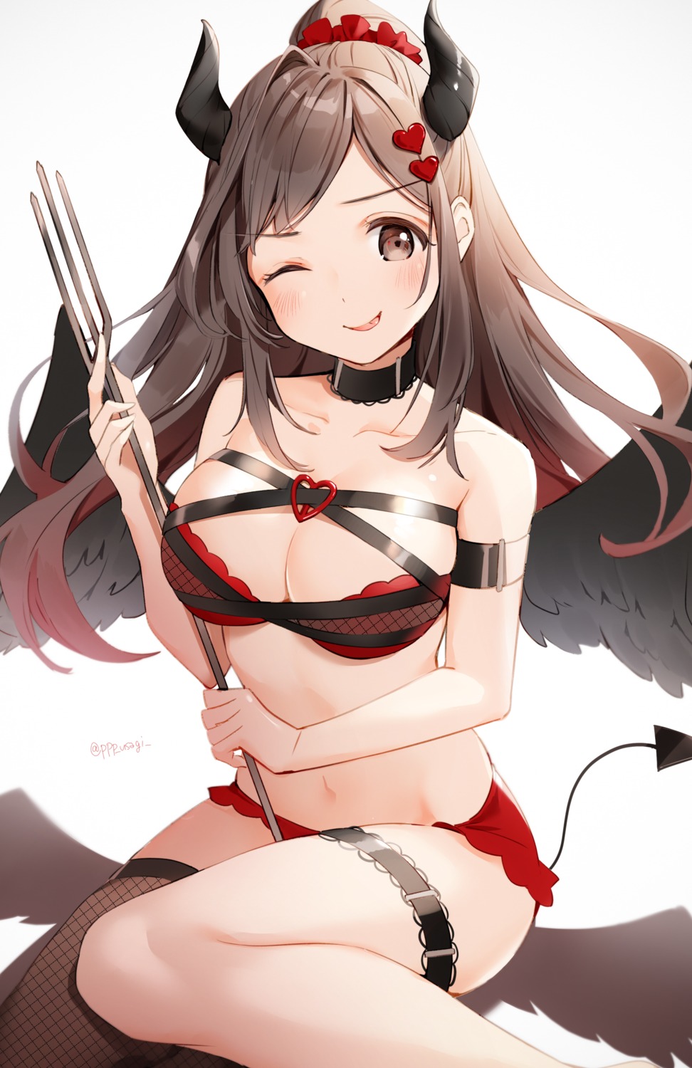 bra devil fishnets garter horns kinako_(shiratama_mochi) pantsu tail the_idolm@ster the_idolm@ster_shiny_colors thighhighs tsukioka_kogane weapon wings