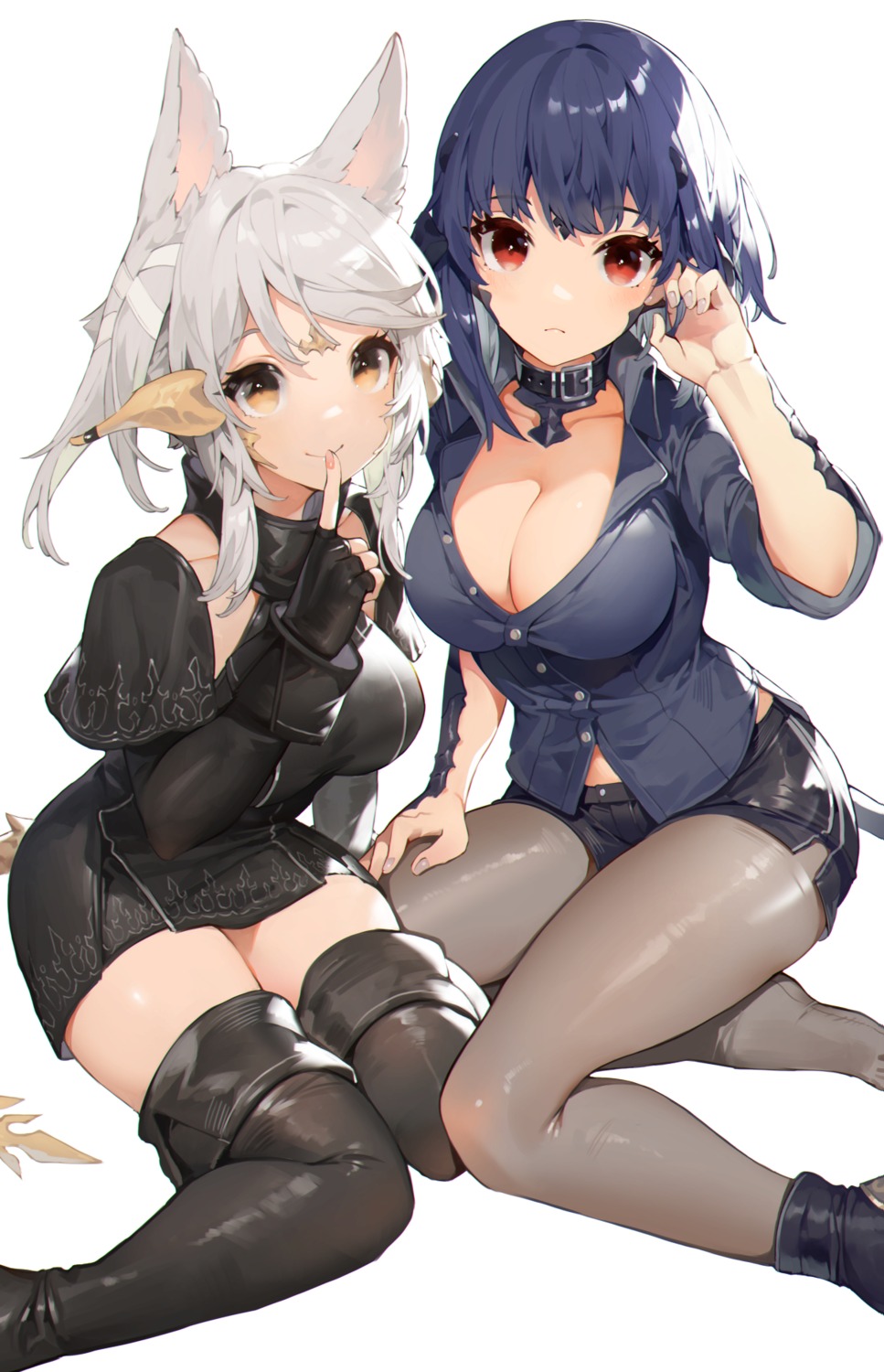 akizone animal_ears au_ra cleavage dress_shirt horns no_bra open_shirt pantyhose tail thighhighs