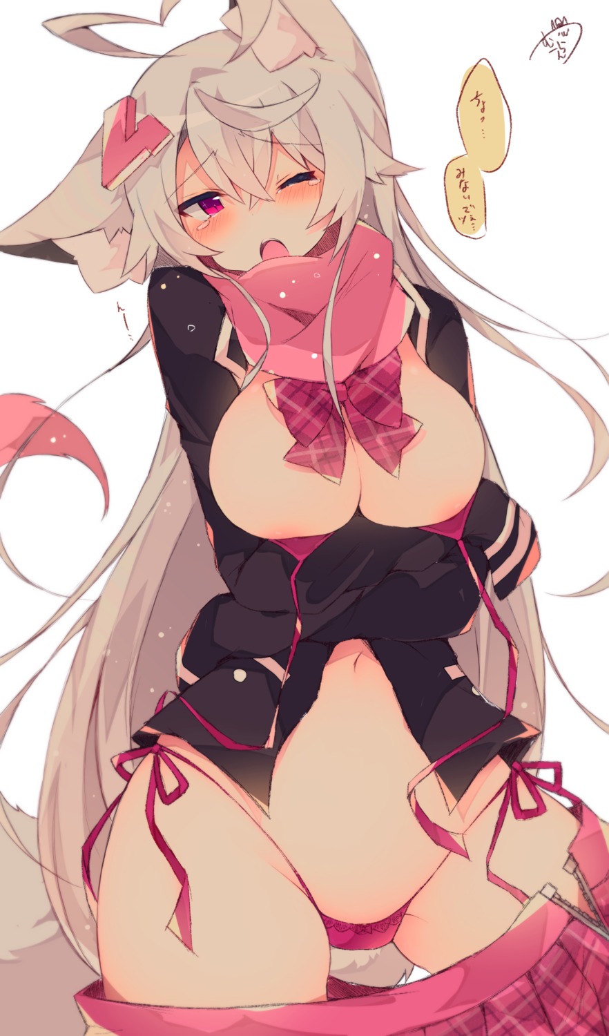 animal_ears areola bra breast_hold breasts muuran open_shirt pantsu seifuku string_panties tail wardrobe_malfunction