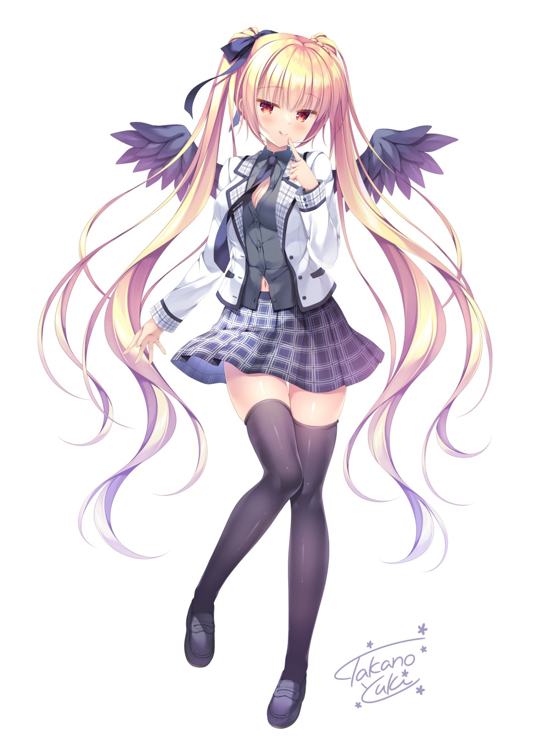 allegro_mistic cleavage datenshi_(takano_yuki) open_shirt seifuku skirt_lift takano_yuki thighhighs wings