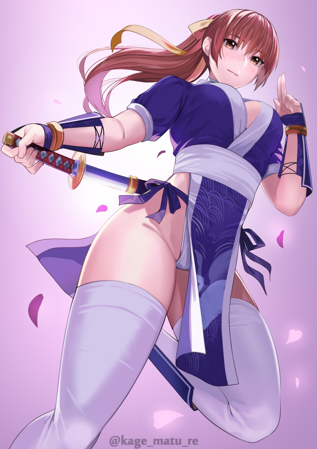 dead_or_alive fundoshi japanese_clothes kagematsuri kasumi no_bra open_shirt sword thighhighs