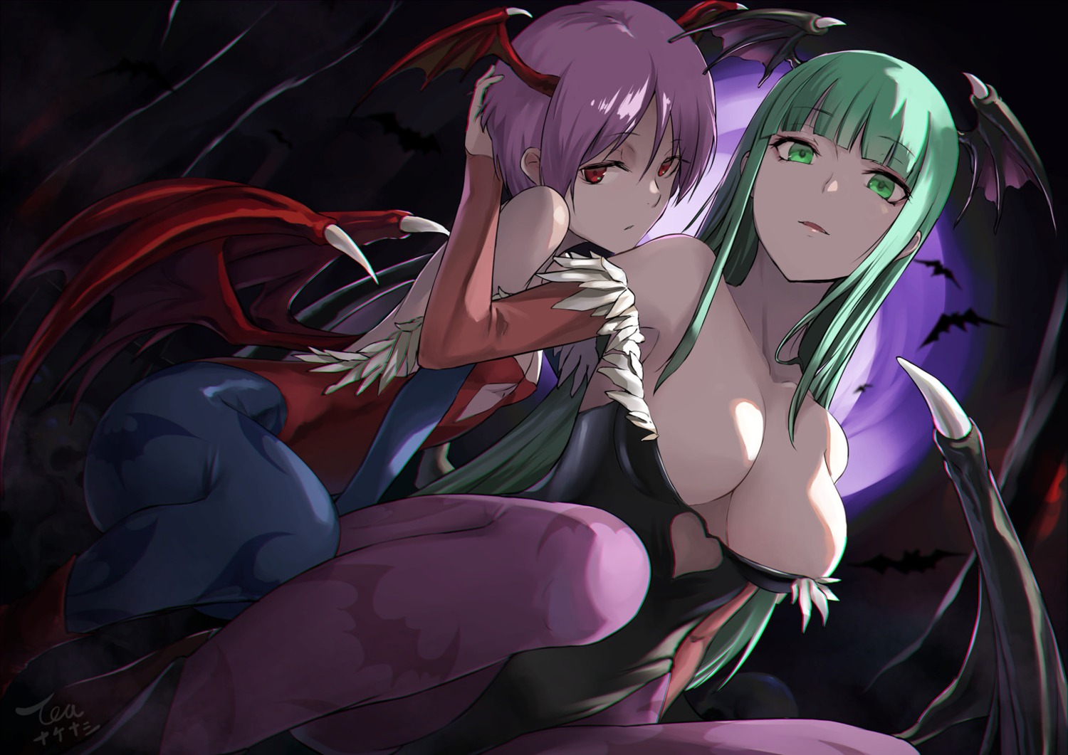 breasts dark_stalkers devil leotard lilith_aensland morrigan_aensland no_bra pantyhose tea_(nakenashi) wings yuri