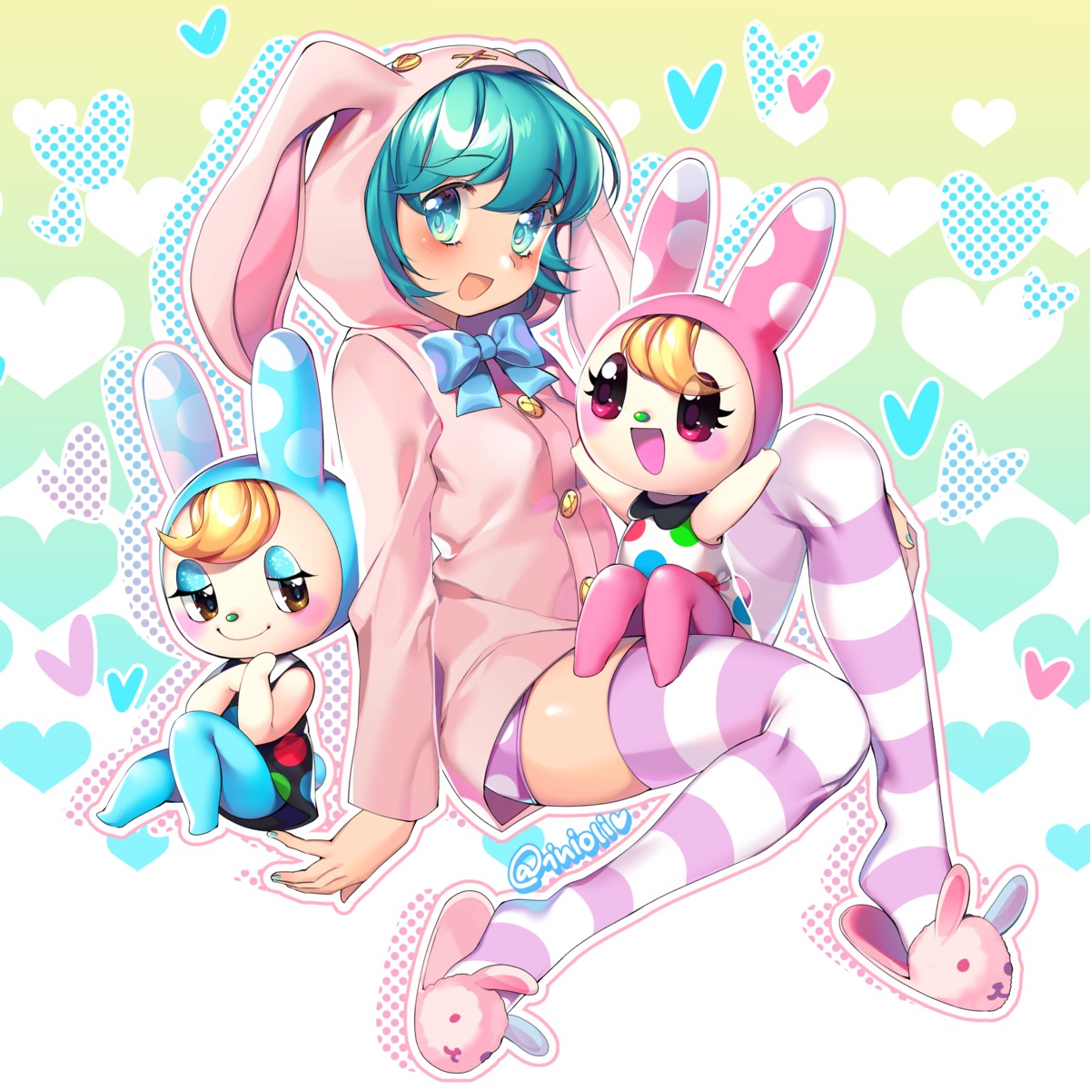 animal_ears bunny_ears doubutsu_no_mori hatsune_miku inioli pajama pantsu pantyhose thighhighs vocaloid