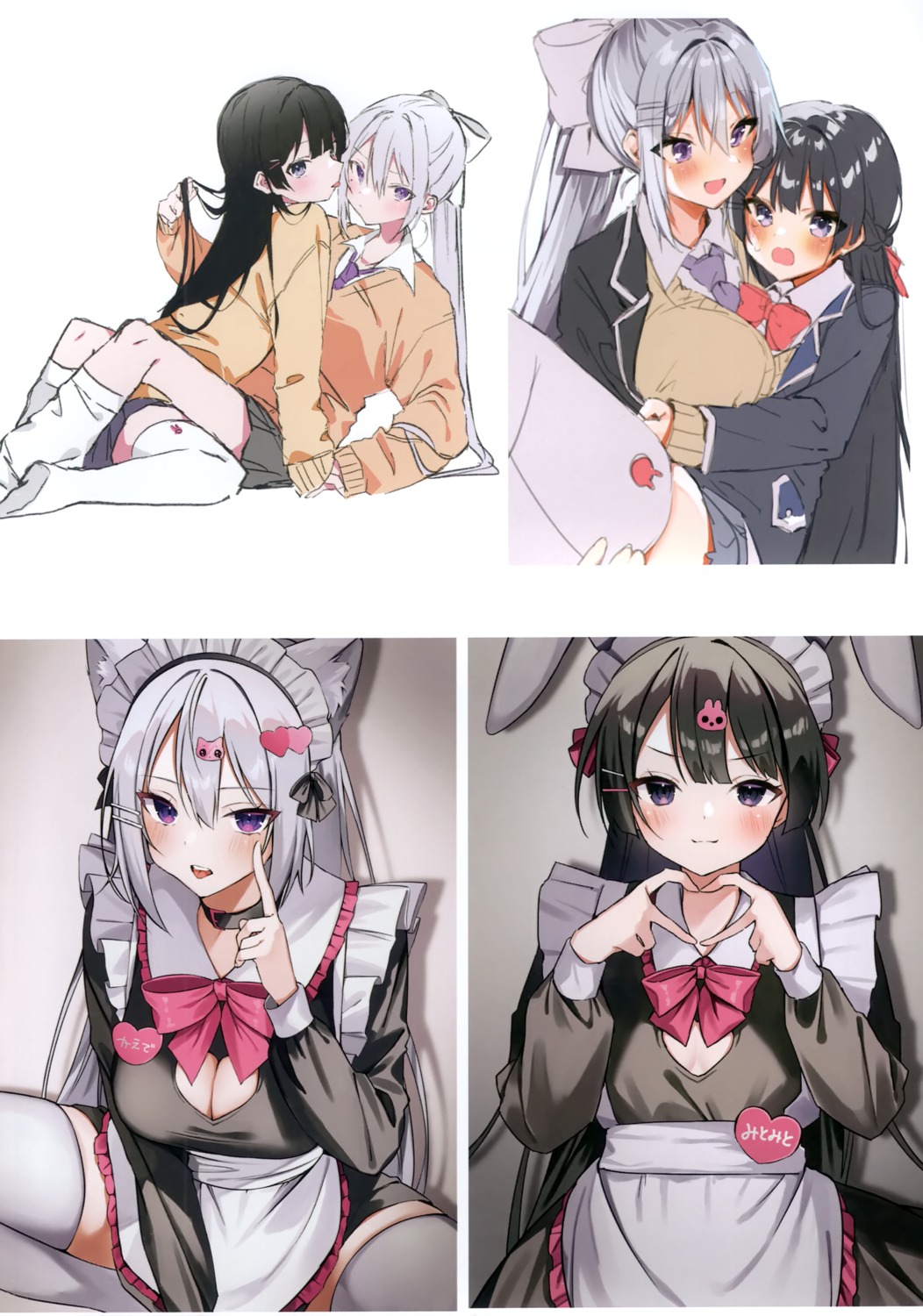 animal_ears bunny_ears higuchi_kaede ia_1928 maid nekomimi nijisanji seifuku sketch sweater thighhighs tsukino_mito waitress yuri