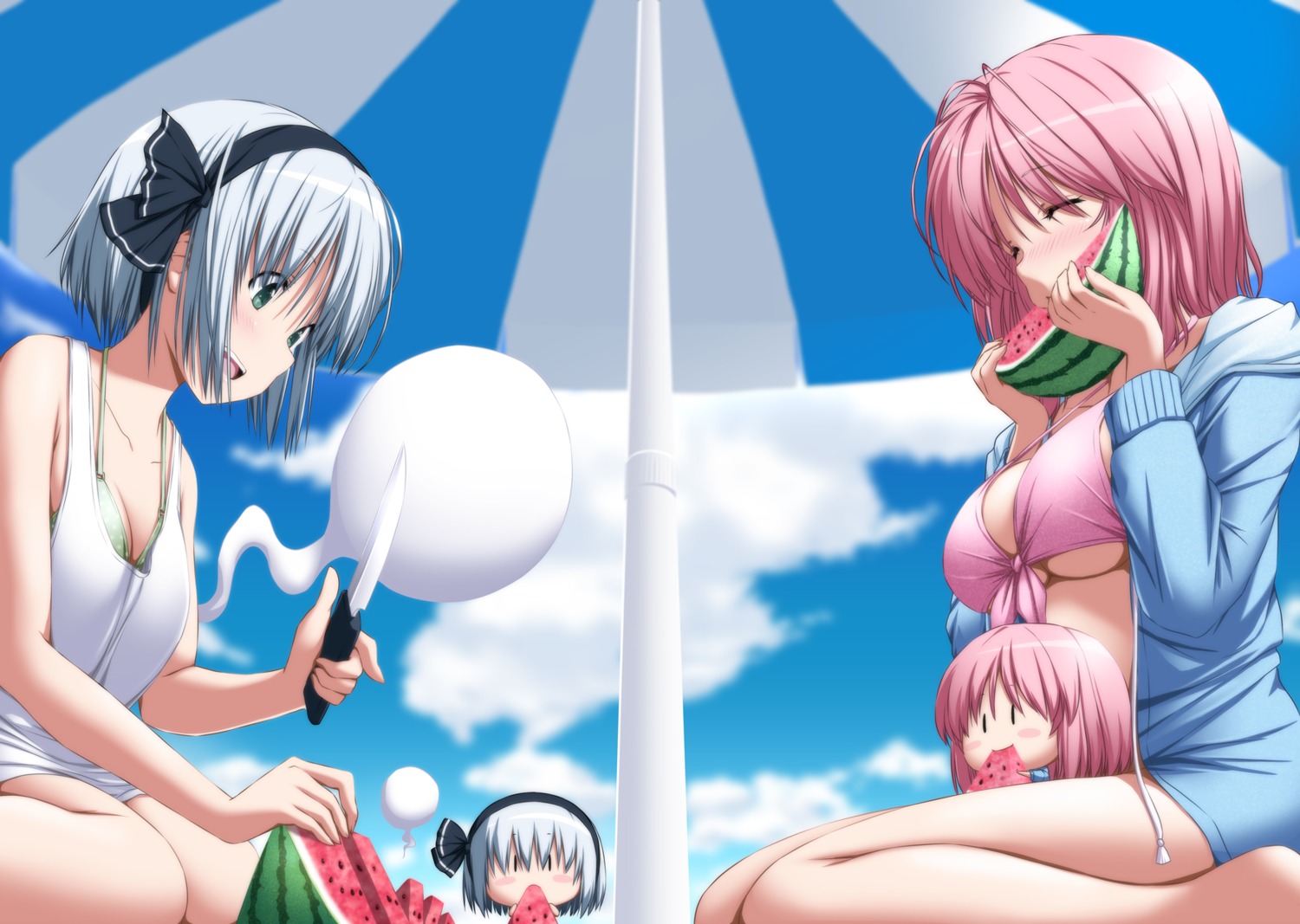 bikini_top chibi cleavage konpaku_youmu nori_tamago open_shirt saigyouji_yuyuko swimsuits touhou underboob