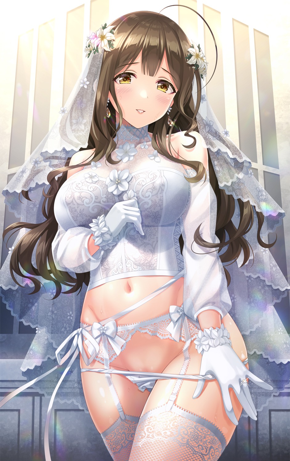 dress fishnets garter_belt kuwayama_chiyuki lingerie pantsu panty_pull stockings the_idolm@ster the_idolm@ster_shiny_colors thighhighs thong undressing urabi wedding_dress