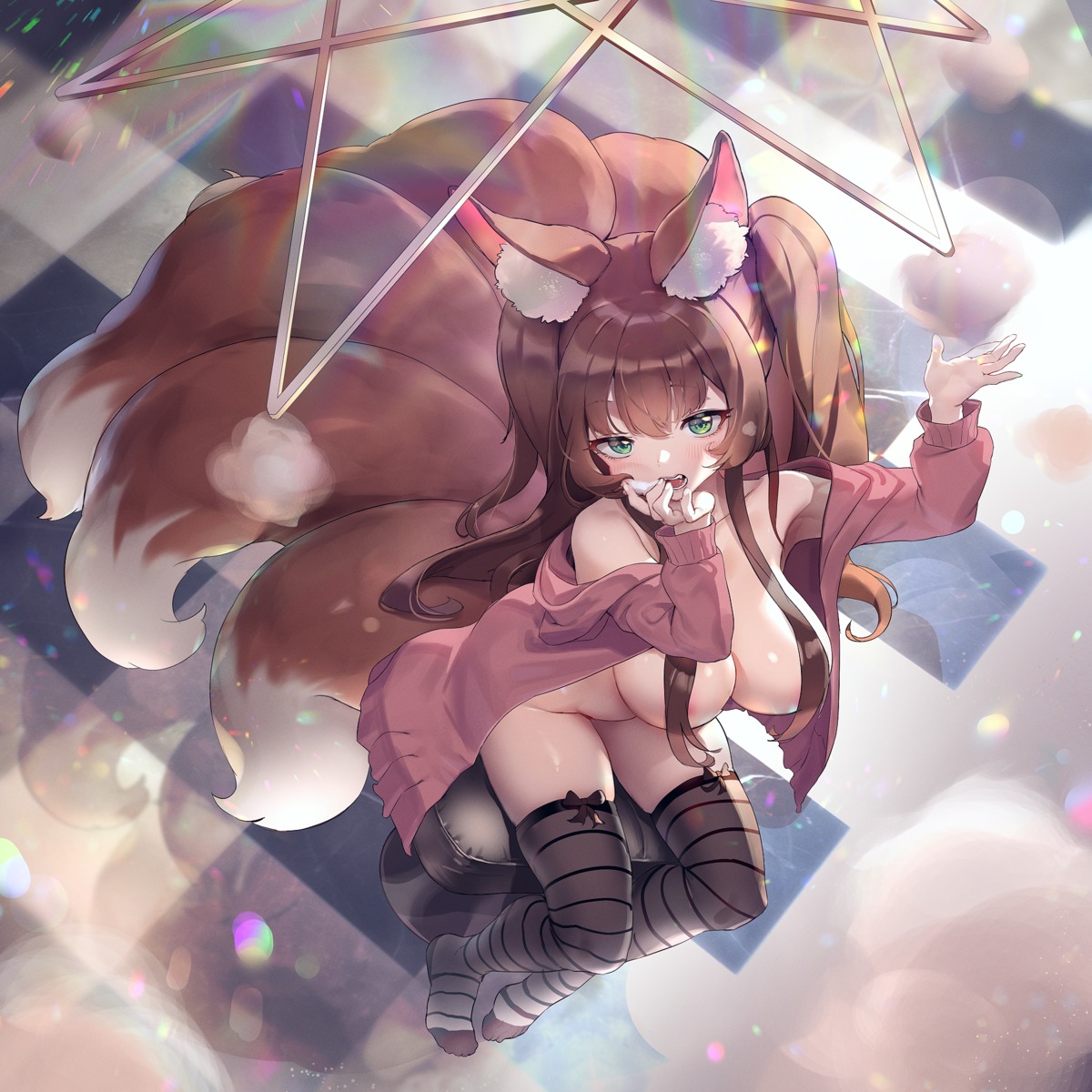 animal_ears areola bottomless breasts kitsune muloli no_bra open_shirt plushmallow sweater tail thighhighs